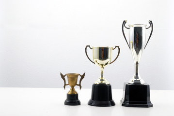 group of trophy on the white table top