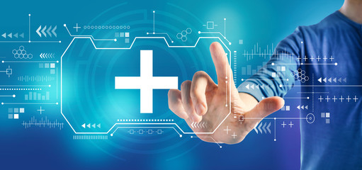 Plus sign with a man on a blue background