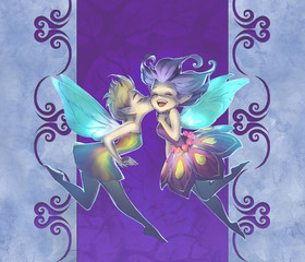 Original illustration of two cute funny elves, beautiful kissing girls with fairy wings