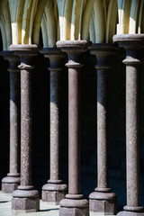 The medieval abbey of Mont Saint-Michel. Details of the temples inside the city on the island. Normandy. France