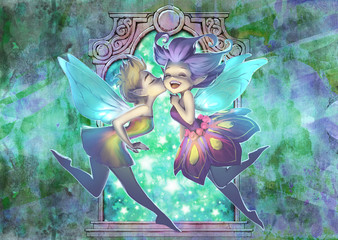 Obraz na płótnie Canvas Original illustration of two cute funny elves, beautiful kissing girls with fairy wings