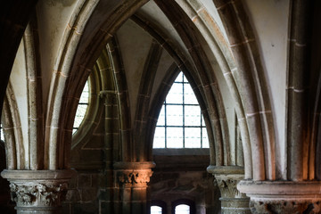 The medieval abbey of Mont Saint-Michel. Details of the temples inside the city on the island. Normandy. France