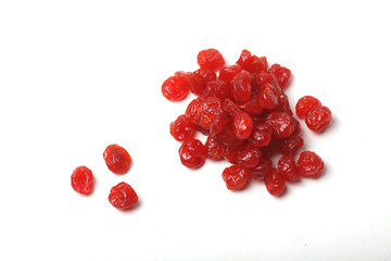a pile of dried cherry on white background - flat lay