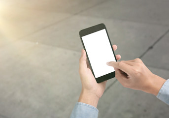 Man hand holding smartphone  and touching screen