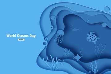 Paper cut butterflyfish, jellyfish, moonfish, turtle. Paper craft underwater ocean cave with fishes, coral reef, seabed in algae, waves. Diving concept, deep blue marine life. Vector sea wildlife.