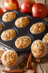 Fresh apple muffins with cinnamon close-up in a tray. vertical