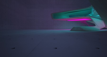 Abstract architectural concrete and wood smooth interior of a minimalist house with color gradient neon lighting. 3D illustration and rendering.