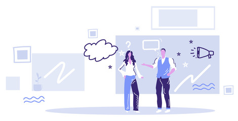 Fototapeta premium two businesspeople colleagues discussing new project during meeting business couple man woman standing together relationship communication concept sketch doodle horizontal full length