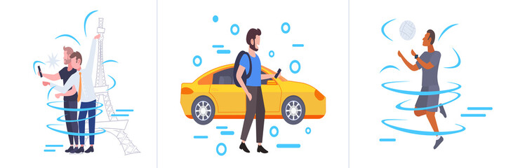 set people taking selfie photo ordering taxi wearing fitness tracker men women using different gadgets digital technology concepts collection flat hull length horizontal