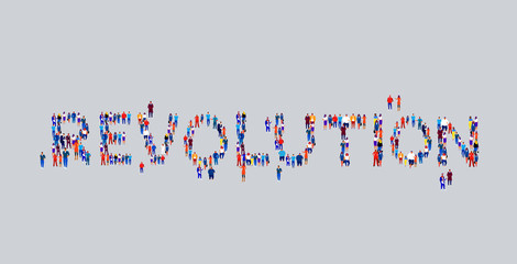 businesspeople crowd gathering in shape of revolution word different business people employees group standing together social media community concept flat horizontal