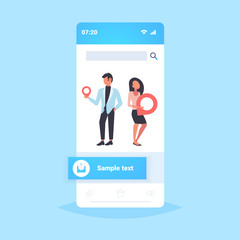couple holding geo pin tag pointer man woman with location marker gps navigation business position travel concept smartphone screen mobile application flat full length