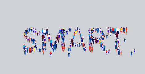 businesspeople crowd gathering in shape of smart word different business people employees group standing together social media community concept flat horizontal