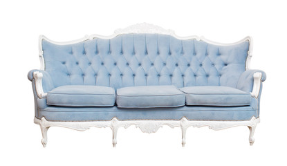 Blue soft sofa with fabric upholstery isolated on white