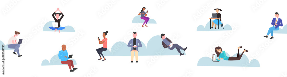 Poster users downloading content from cloud server mix race people using gadgets online data synchronization database computing technology storage concept flat full length horizontal