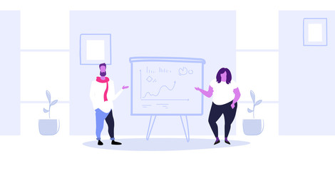 businesspeople presenting report on flip chart board business man woman couple pointing on financial graph coworkers explaining new strategy presentation concept sketch horizontal full length