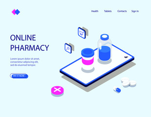 Isometric image of an online pharmacy. Visualization on the mobile phone screen of medicines, tablets, purchase of medical products on the Internet. Vector illustration on white background.