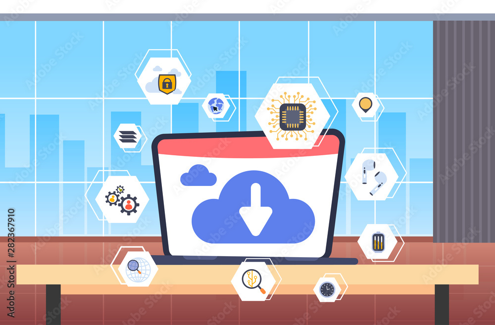 Poster laptop screen with online data synchronization cloud database computing technology storage concept d