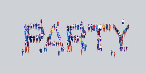 businesspeople crowd gathering in shape of party word different business people employees group standing together social media community concept flat horizontal