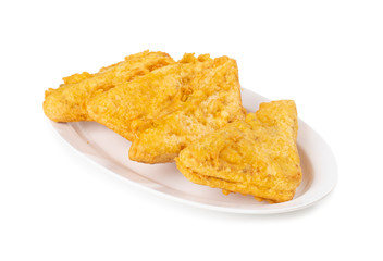 Indian Fried Snack Bread Pakora. It is also known as bread bhaji. A common street food, it is made from bread slices, gram flour, and spices among other ingredients