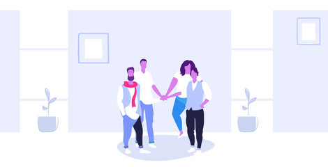 businesspeople group collaborating holding pile hands team spirit concept business people standing together teamwork modern office interior sketch horizontal full length