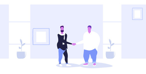 two businessmen shaking hands during meeting fat and thin colleagues partners hand shake agreement deal successful team concept full length sketch horizontal