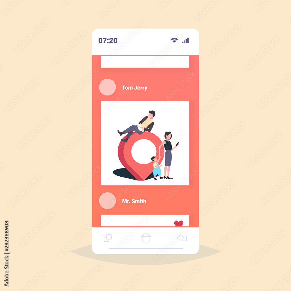 Poster people using gadgets online navigation app geo pin tag pointer location marker gps position concept 