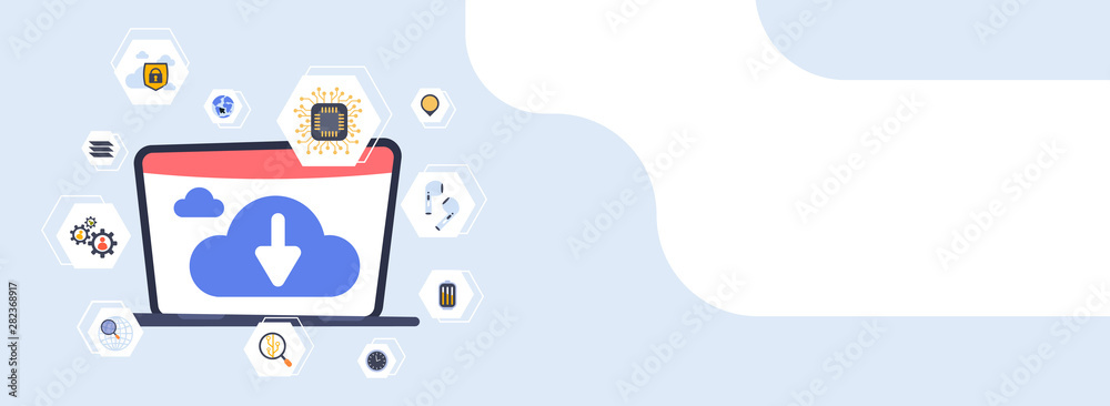 Poster laptop screen with online data synchronization cloud database computing technology storage concept d