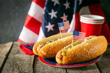 USA national holiday Labor Day, Memorial Day, Flag Day, 4th of July - hot dogs with ketchup and...