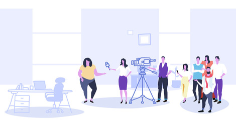 businesspeople crowd looking at female presenter interviewing with crew reporter taking interview with woman mass media announcement concept horizontal sketch doodle horizontal full length