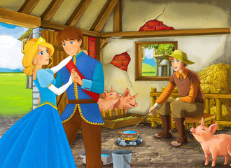 Obraz na płótnie Canvas Cartoon scene with princess and prince or king and farmer rancher in the barn pigsty illustration for children