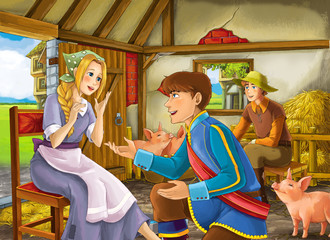 Cartoon scene with princess and prince or king and farmer rancher in the barn pigsty illustration for children