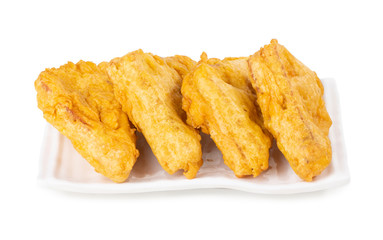 Indian Fried Snack Bread Pakora. It is also known as bread bhaji. A common street food, it is made from bread slices, gram flour, and spices among other ingredients