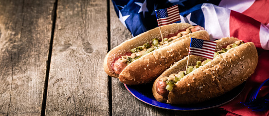 USA national holiday Labor Day, Memorial Day, Flag Day, 4th of July - hot dogs with ketchup and...
