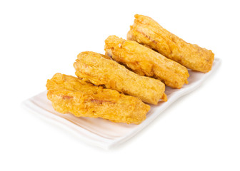 Indian Fried Snack Bread Pakora. It is also known as bread bhaji. A common street food, it is made from bread slices, gram flour, and spices among other ingredients