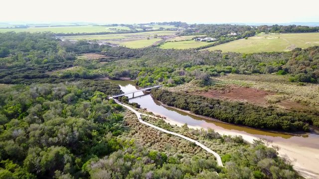 Aerial footage over Screw Creek near Inverloch, Victoria, Australia.
