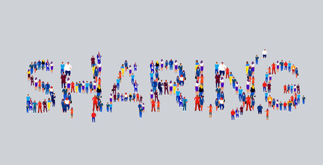 businesspeople crowd gathering in shape of sharing word different business people employees group standing together social media community concept flat horizontal