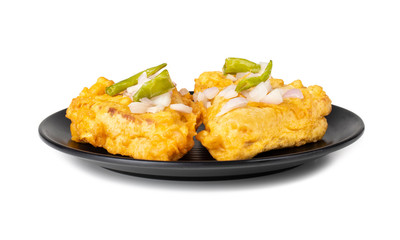 Indian Fried Snack Bread Pakora. It is also known as bread bhaji. A common street food, it is made from bread slices, gram flour, and spices among other ingredients