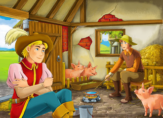 Cartoon scene with prince or king and farmer rancher in the barn pigsty illustration for children