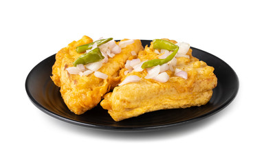 Indian Fried Snack Bread Pakora. It is also known as bread bhaji. A common street food, it is made from bread slices, gram flour, and spices among other ingredients
