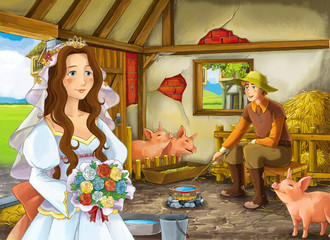 Cartoon scene with princess and farmer rancher in the barn pigsty illustration for children