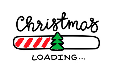 Fototapeta na wymiar Progress bar with inscription - Christmas loading in sketchy style. Vector christmas illustration for t-shirt design, poster, greeting or invitation card.