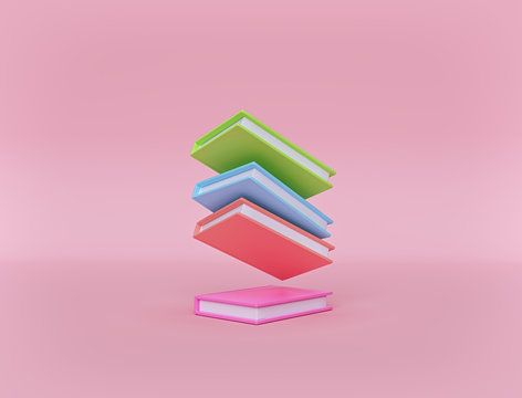 minimal multicolored books on pastel pink background. Levitation. education concept. 3d rendering