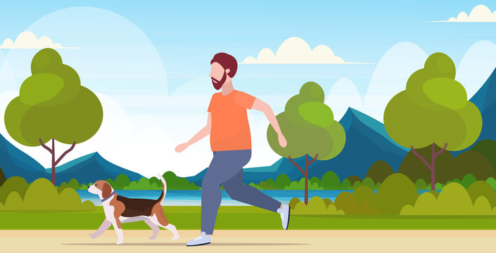 fat obese man running with dog guy training workout weight loss concept summer park landscape background flat full length horizontal