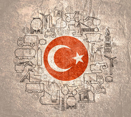 Concept of industrial plant and manufacture building. Energy generation and heavy industry. Brochure or cover design template. Circle frame with industrial thin line icons. Flag of the Turkey