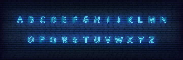 Neon alphabet font. Glowing neon colored 3d modern alphabet typeface