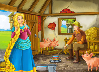 Cartoon scene with princess and farmer rancher in the barn pigsty illustration for children