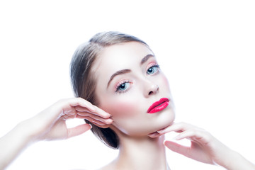Naklejka premium Attractive beautiful young model woman touching perfect healthy face skin. Hairstyle blonde hair, red lips makeup. Isolated. White background. Copy space