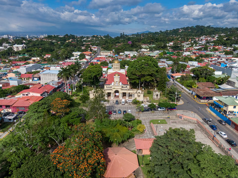 Beautiful aerial view of the church and park of Escazu