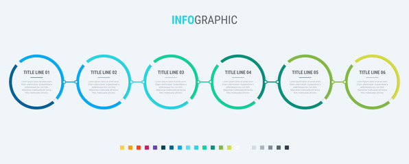 Abstract business rounded infographic template with 6 options. Colorful diagram, timeline and schedule isolated on light background.