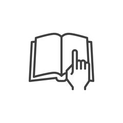 Reading an book line icon. linear style sign for mobile concept and web design. Book pages and Finger point outline vector icon. Read symbol, logo illustration. Vector graphics